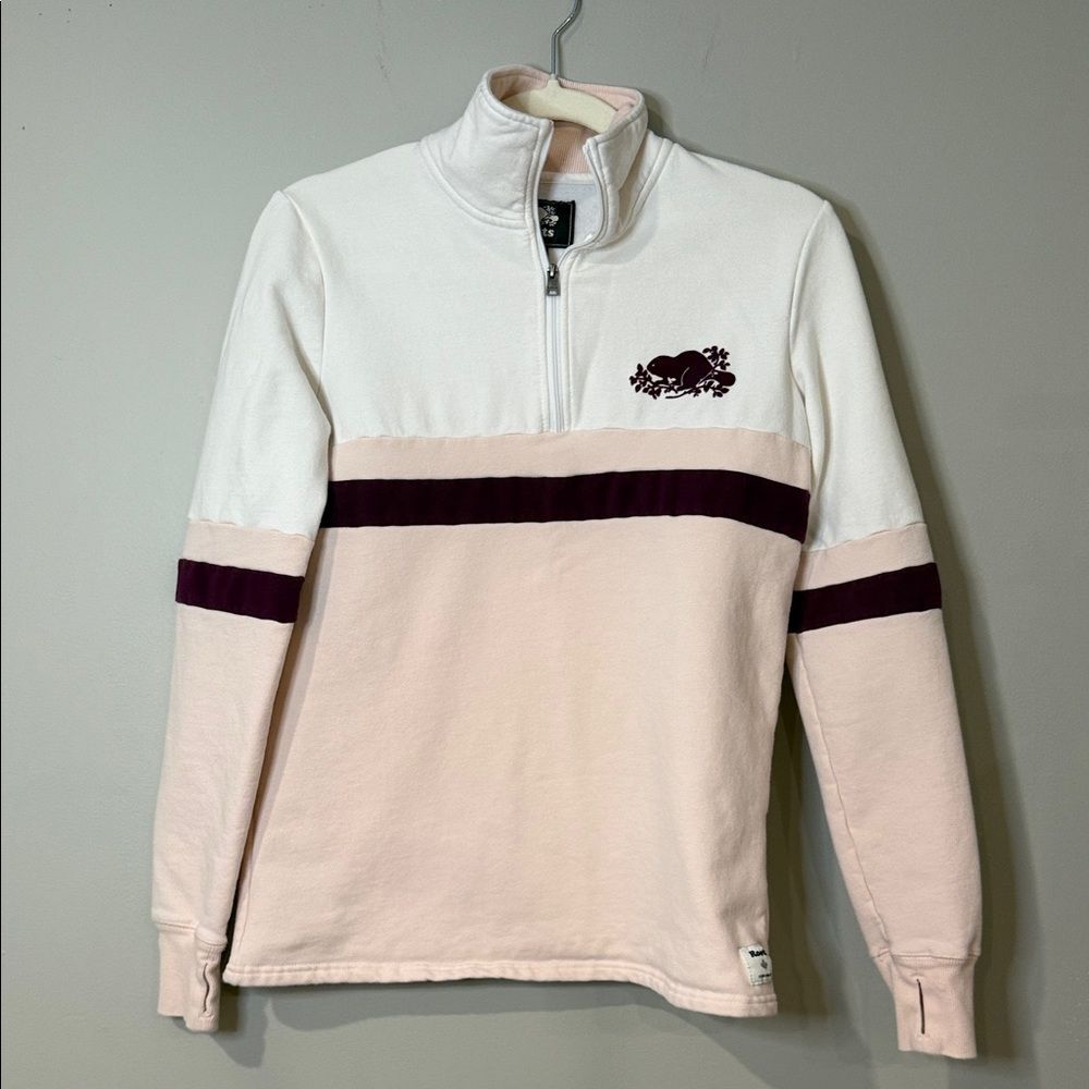 Roots Canadian white pink and maroon quarter zip striped jacket with thumb holes
